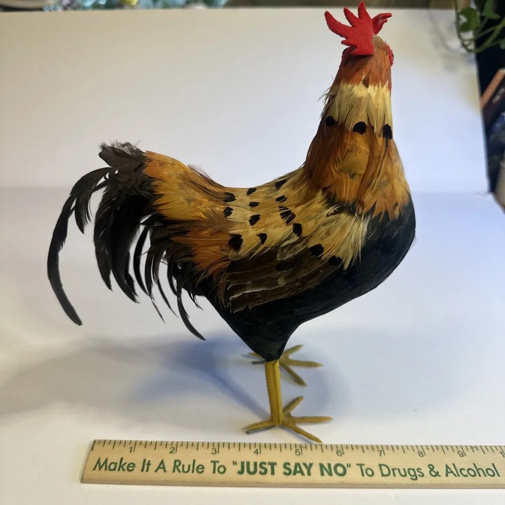 Realistic Rooster Figure Real Feathers Farmhouse Chicken Decor Country